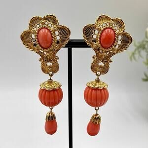 Jose Maria Barrera Signed Angelskin‎ Coral Etruscan Revival Clip On Earrings